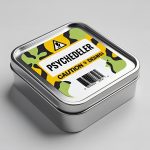 Please generate a tin closed container that is silver in color. On the container put a label on it with the word _Psychedeler_ on it. add a barcode, a caution sign and any cool design on the container.